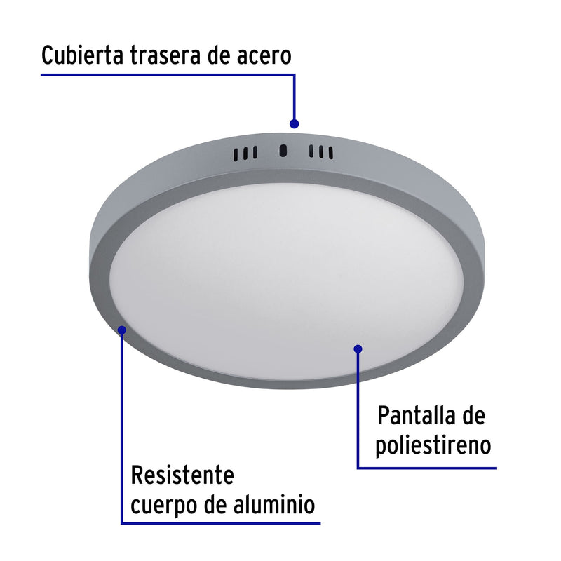 Luminario gris de LED 24 W redondo tipo plafón luz de día
