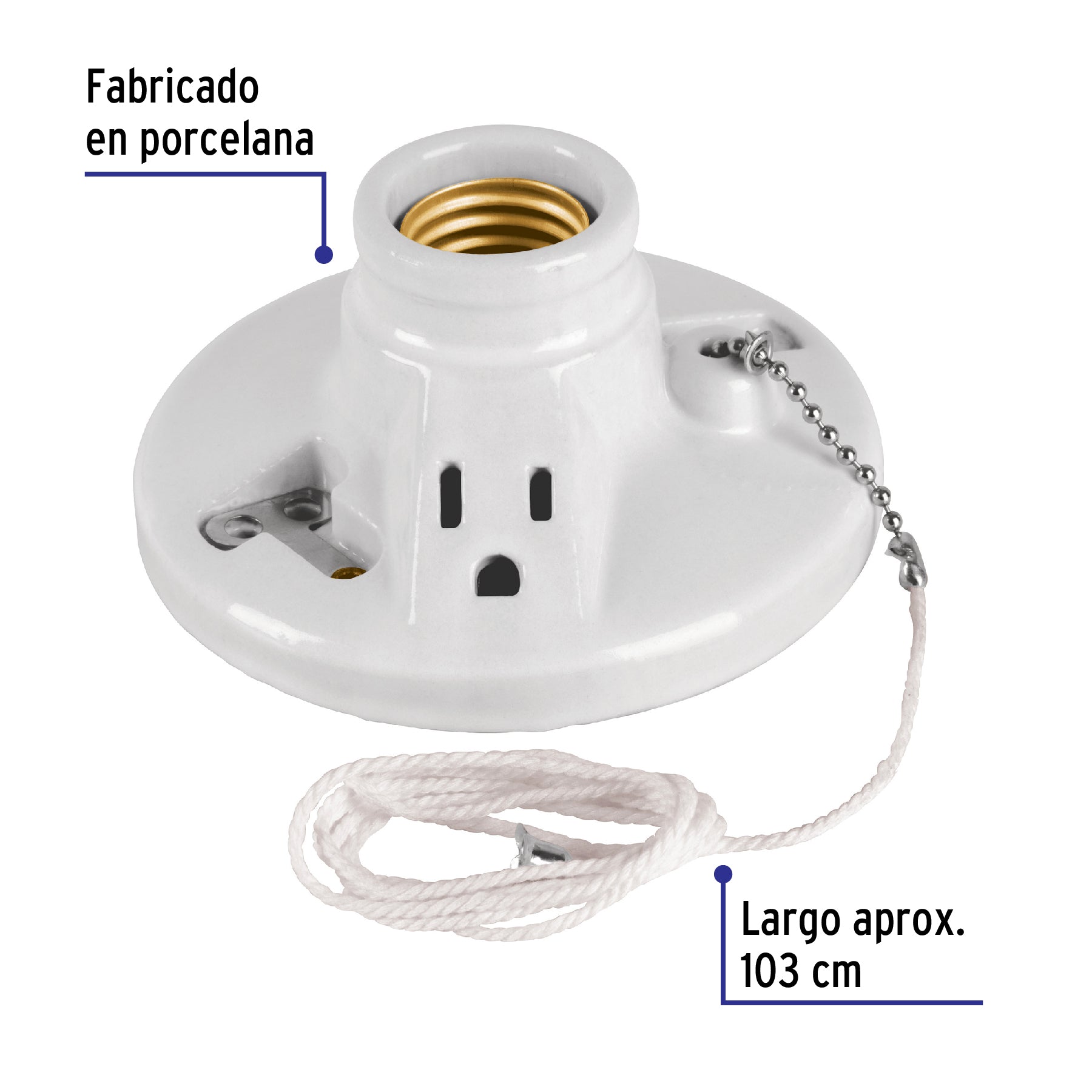Portalámpara de porcelana, con ladrón y cadena, Volteck