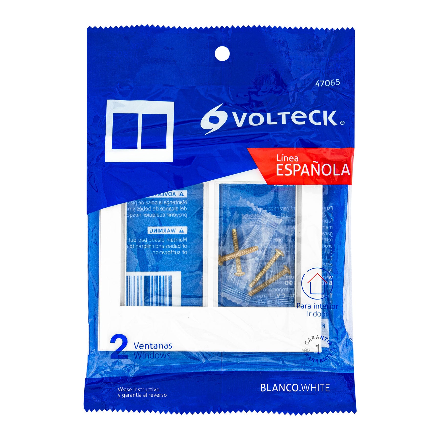 Placa 2 ventanas, 6 módeloulos, línea Española, color blanco