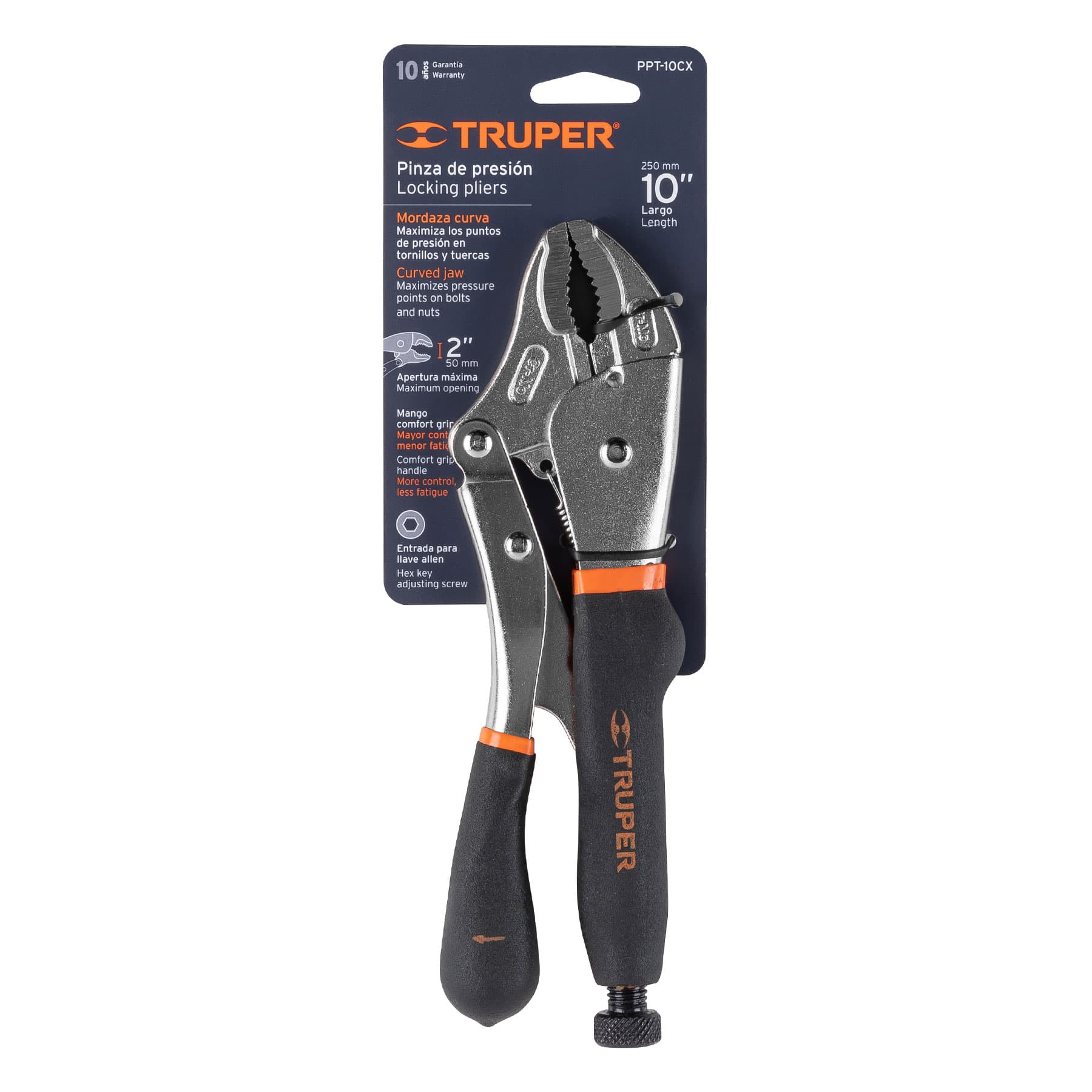 Pinza de presión 10" mordaza curva mango de vinil, Truper