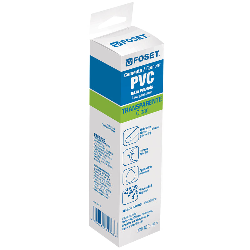 Cemento para PVC en tubo de 50 ml,  baja presión,  Foset