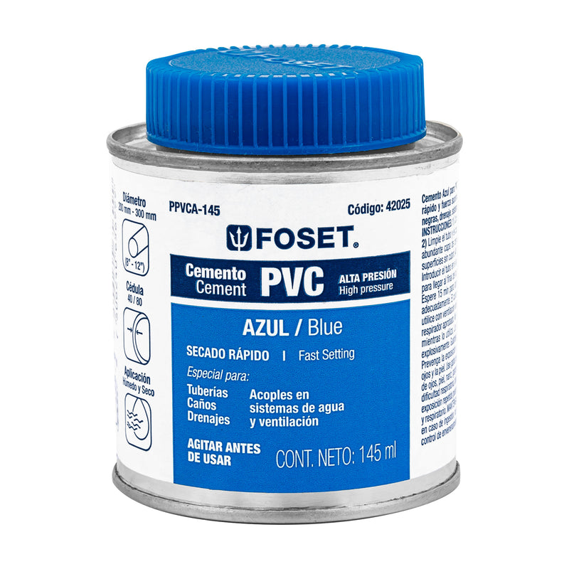 Cemento azul para PVC en bote de 145 ml,  alta presión,  Foset