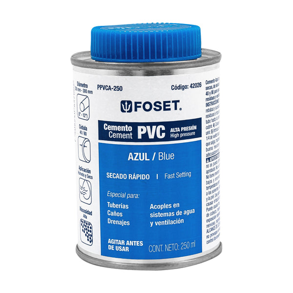 Cemento azul para PVC en bote de 250 ml,  alta presión,  Foset