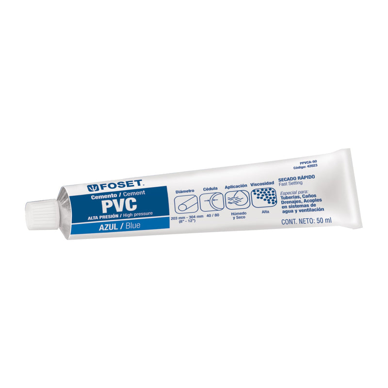 Cemento azul para PVC en tubo de 50 ml,  alta presión,  Foset
