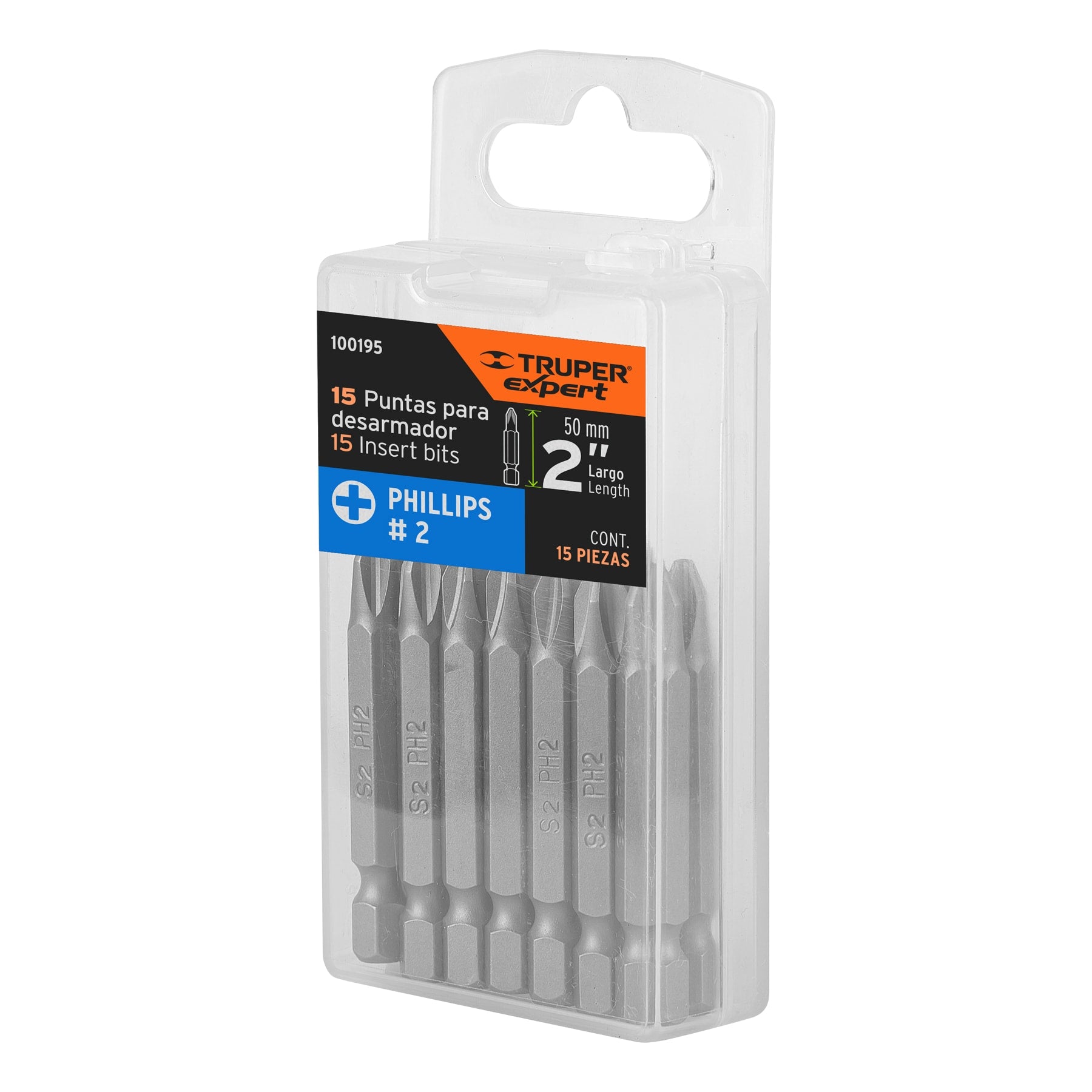 Estuche con 15 puntas de cruz PH2 largo 2", Truper Expert