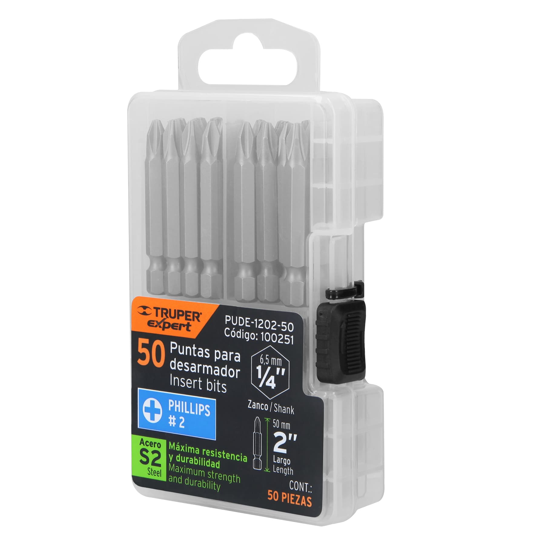 Estuche con 50 puntas de cruz PH2 largo 2", Truper Expert