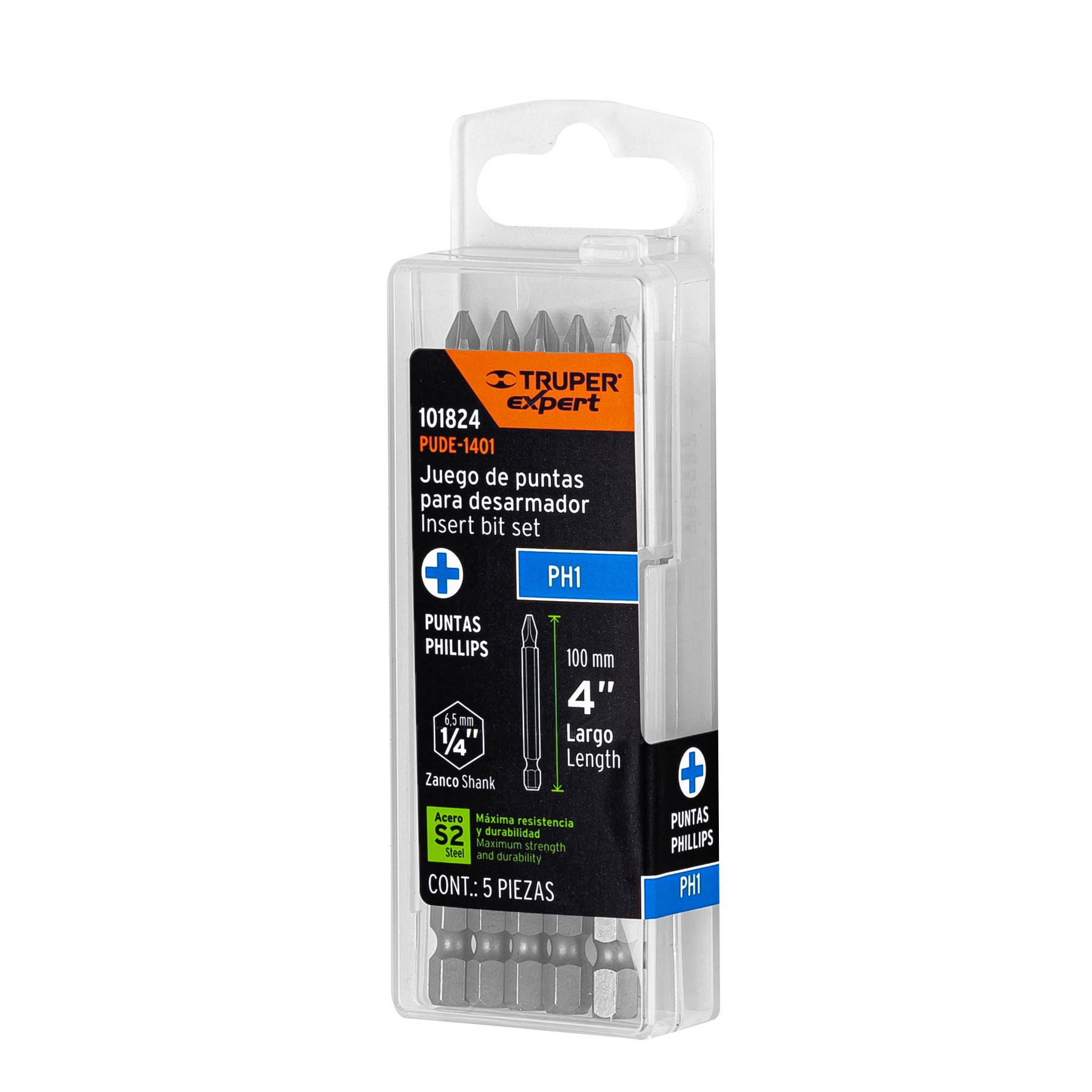 Estuche con 5 puntas de cruz PH1 largo 4", Truper Expert