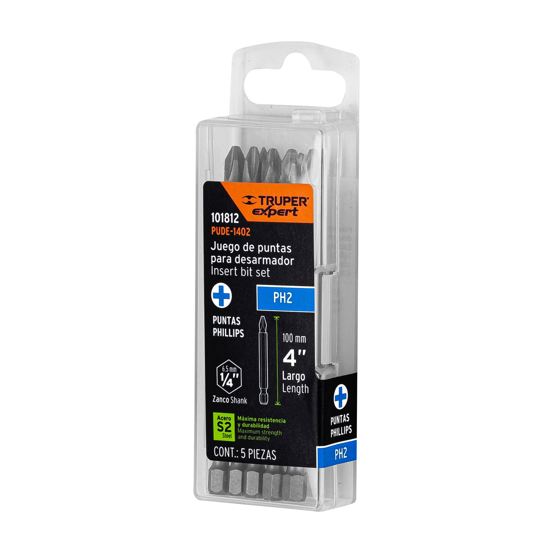 Estuche con 5 puntas de cruz PH2 largo 4", Truper Expert