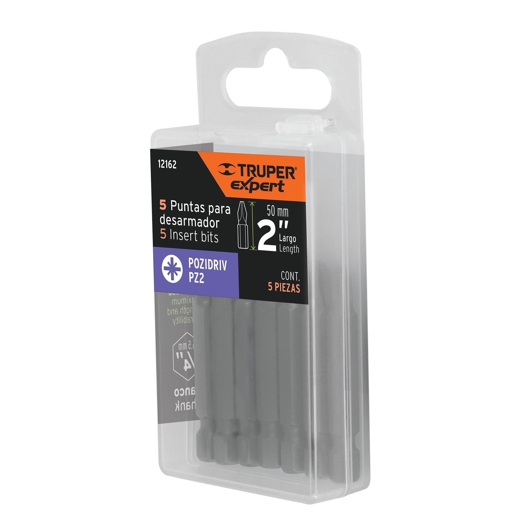 Estuche con 5 puntas pozidriv PZ2 largo 2", Truper Expert