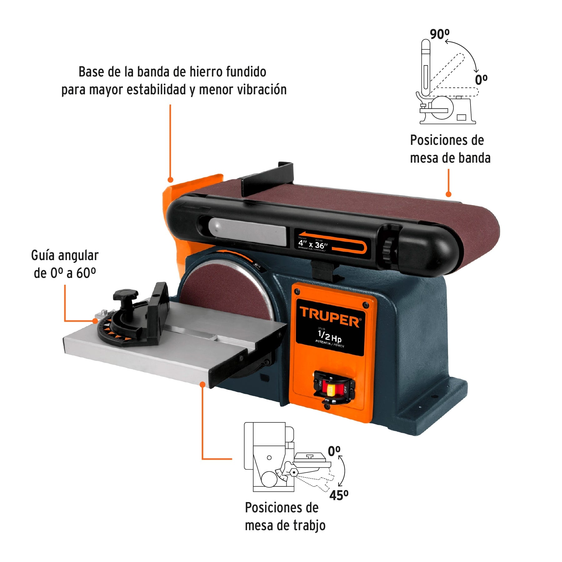 Lijadora de banda y disco 4 x 6", 1/2 HP (375 W), Truper
