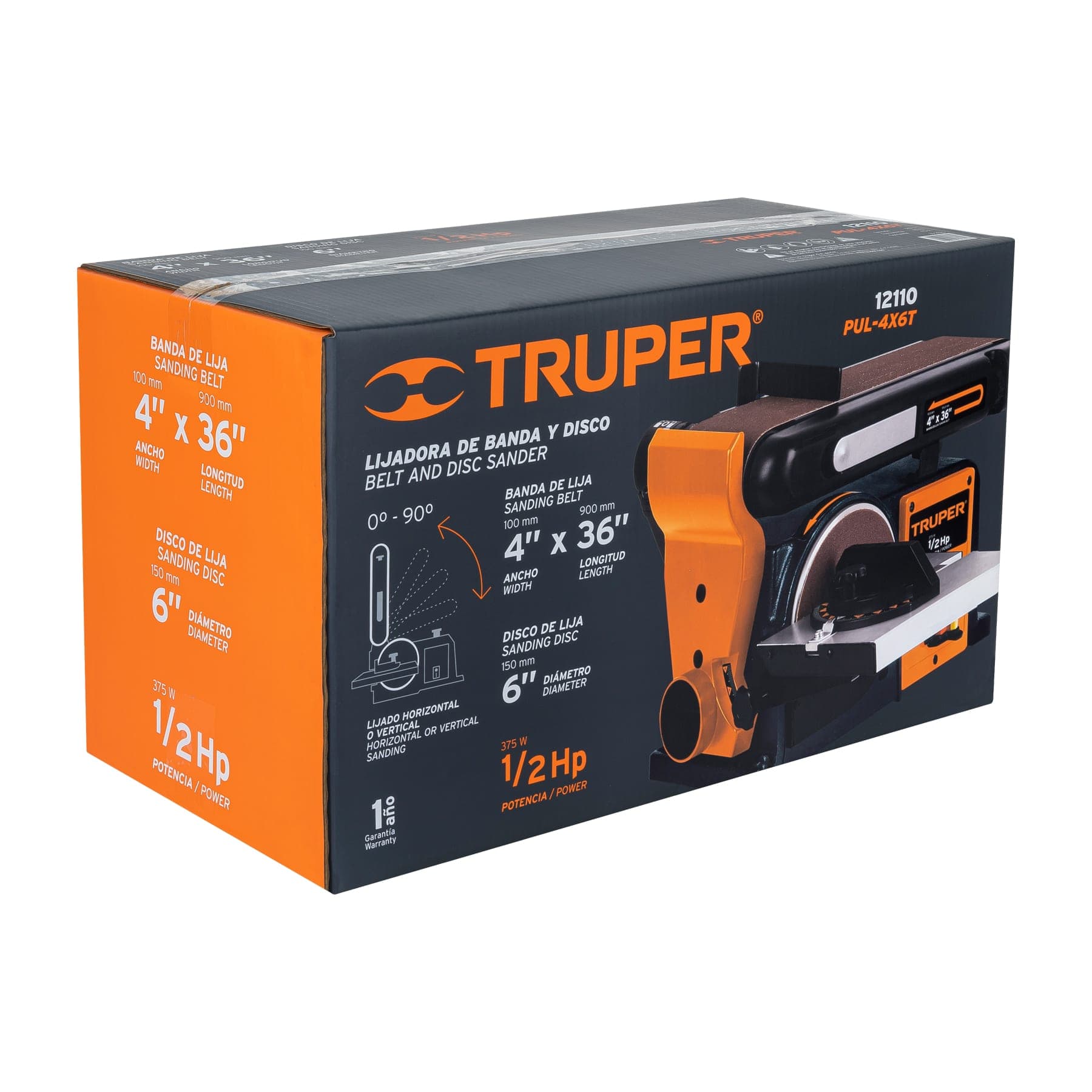 Lijadora de banda y disco 4 x 6", 1/2 HP (375 W), Truper