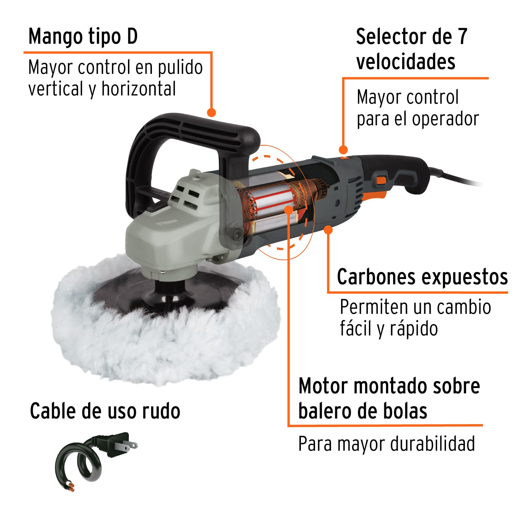 Pulidora velocidad variable 7", 1200W, Truper industrial