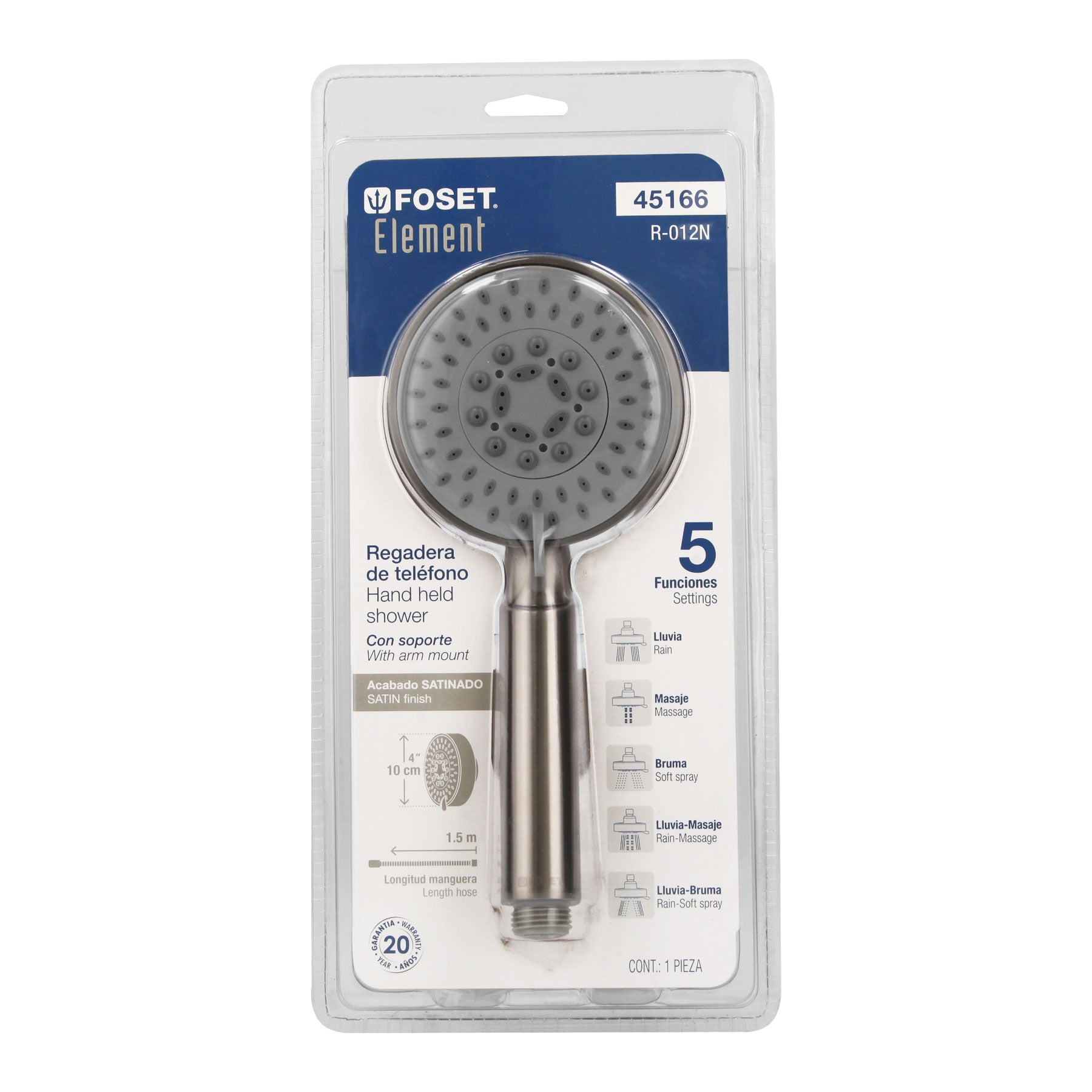 Regadera satín de teléfono 4" con soporte, Foset Element