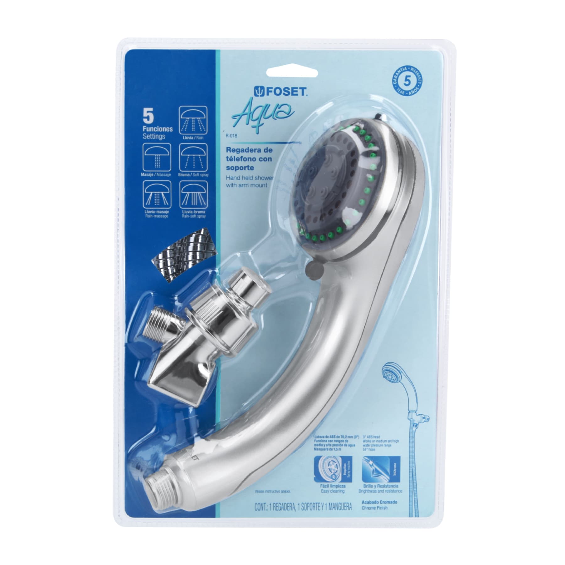 Regadera de teléfono 3", 5 funciones con soporte, Foset Aqua