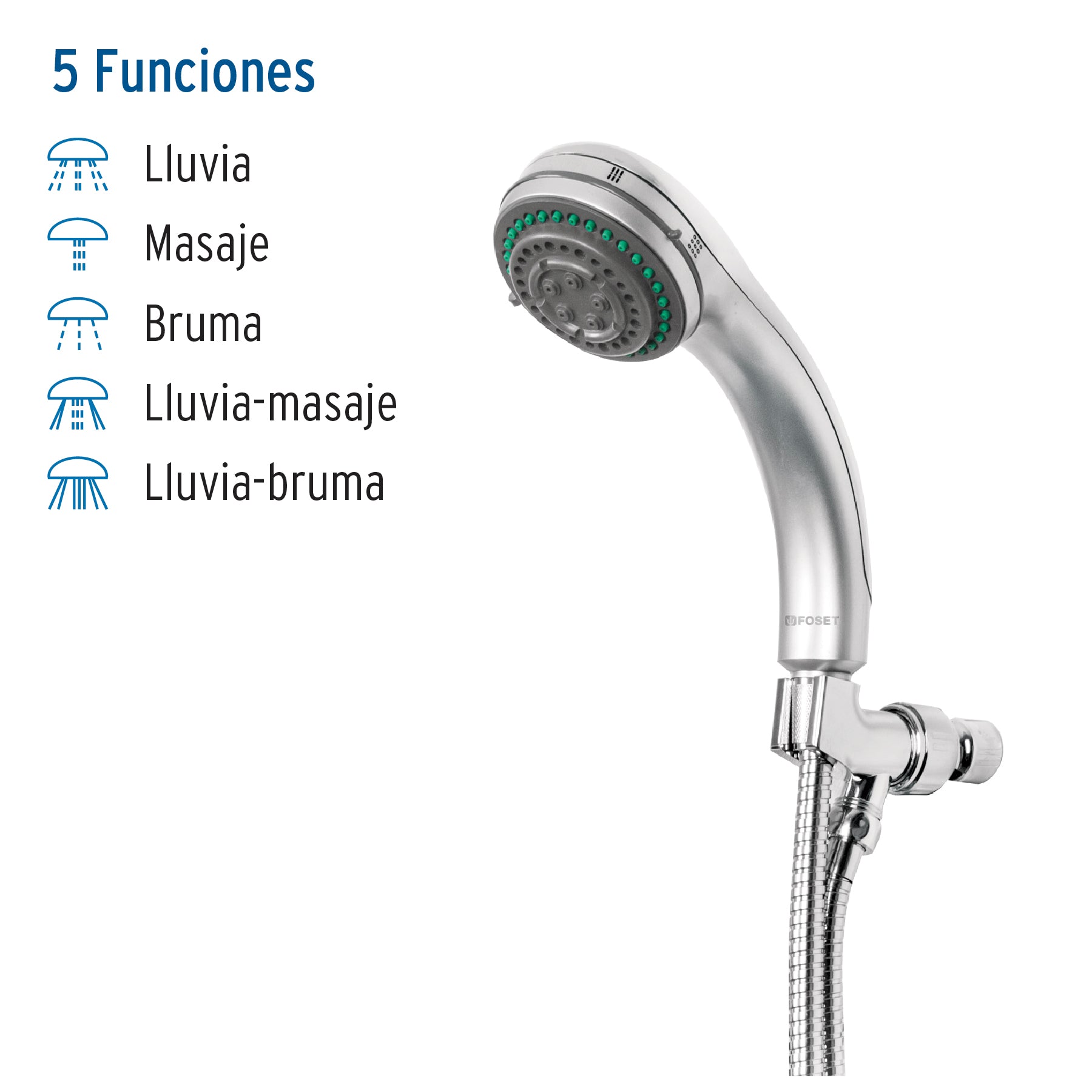 Regadera de teléfono 3", 5 funciones con soporte, Foset Aqua