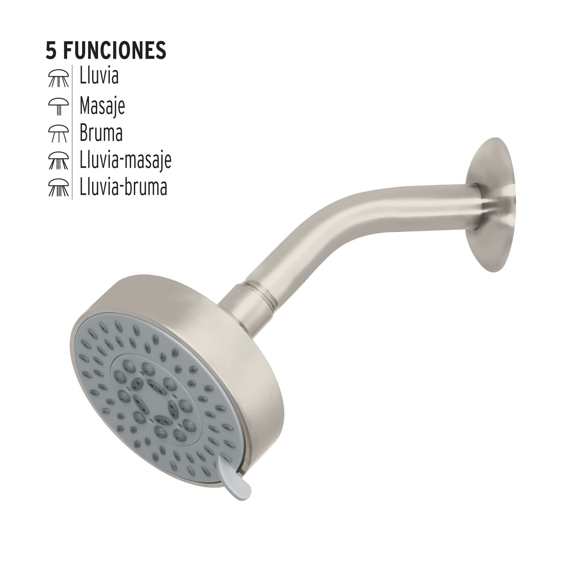 Regadera satín 4"con 5 funciones, con brazo, Foset Element
