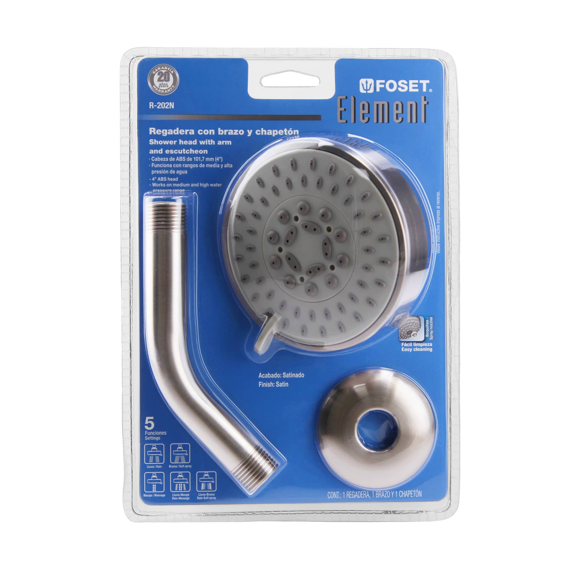 Regadera satín 4"con 5 funciones, con brazo, Foset Element