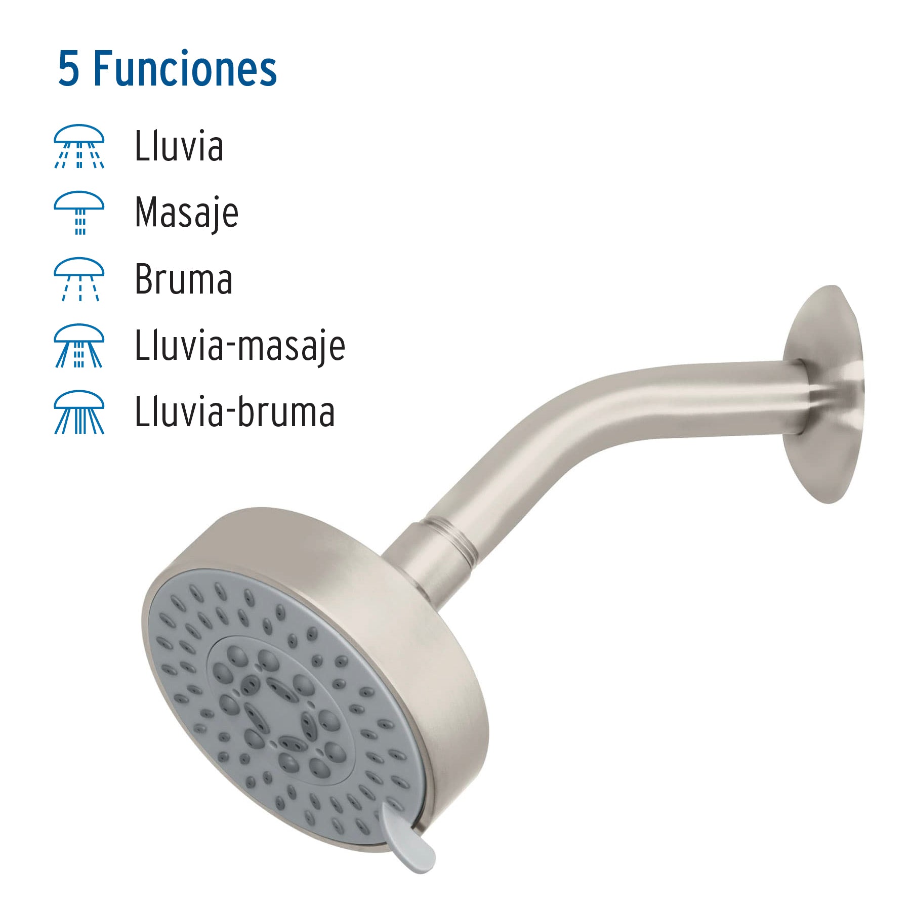 Regadera satín 4"con 5 funciones, con brazo, Foset Element