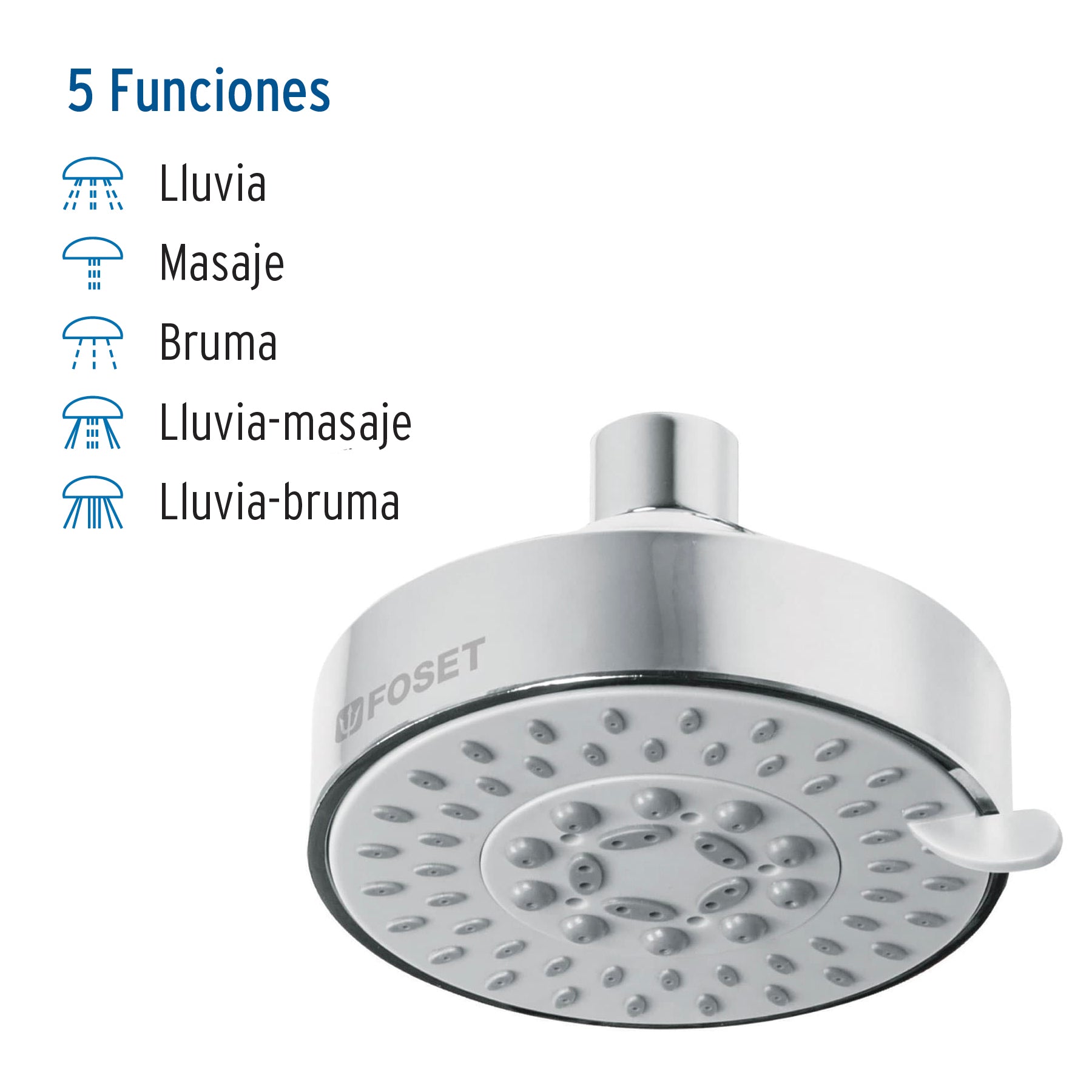 Regadera cromo 4"con 5 funciones, sin brazo, Foset Element