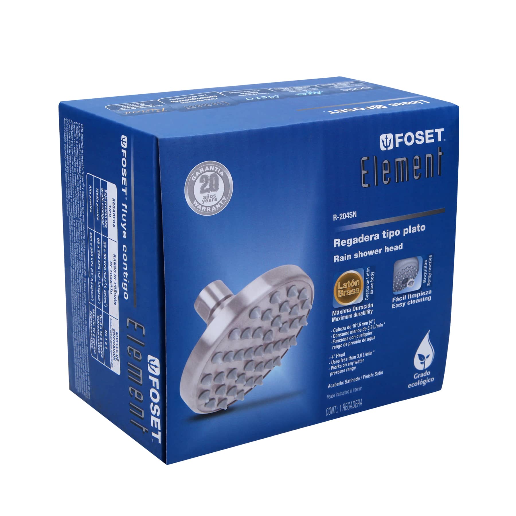 Regadera satín 4" plato redondo, sin brazo, Foset Element