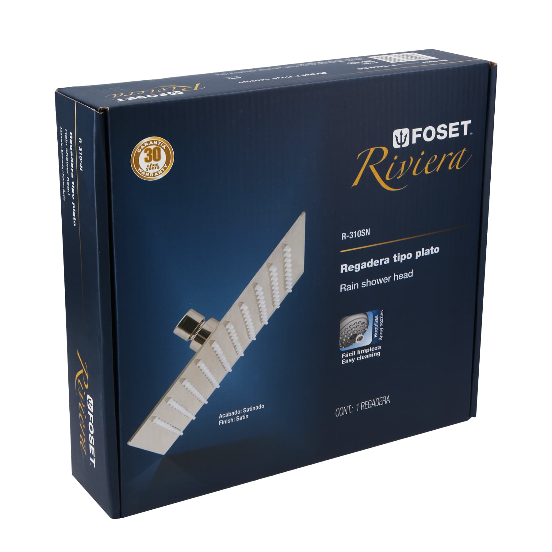 Regadera plato cuadrado 10" sin brazo, satín, Foset RIVIERA