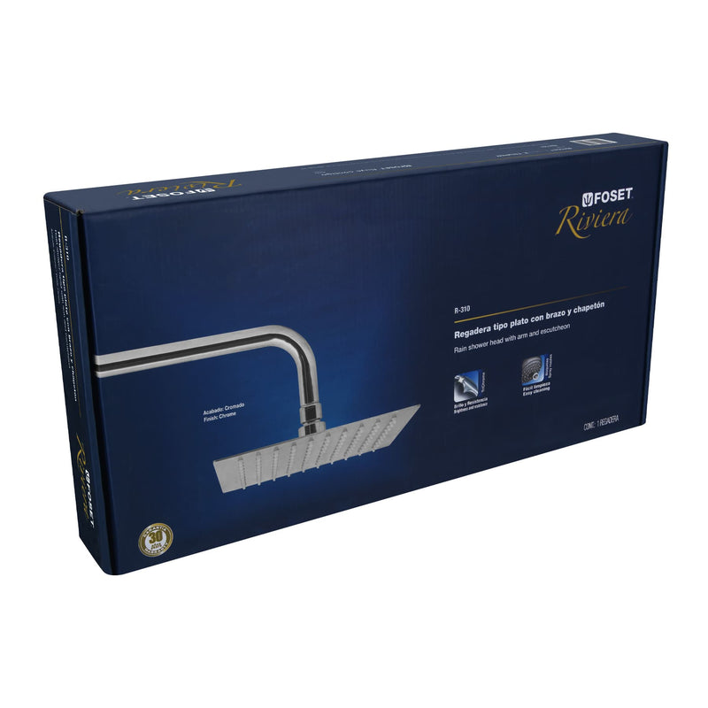 Regadera cromo 10" plato cuadrado delgado con brazo,  Riviera