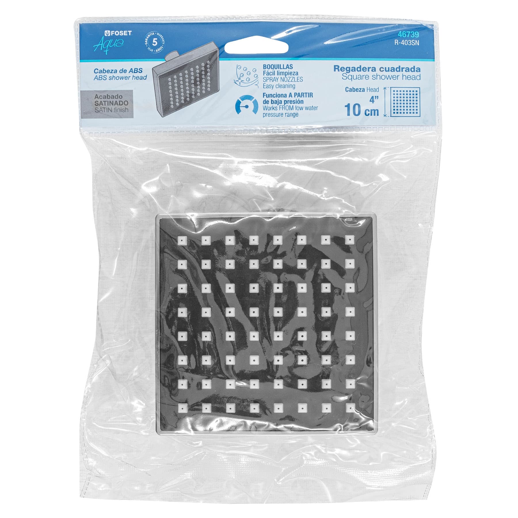 Regadera cuadrada ABS 4" acabado satín sin brazo, Foset