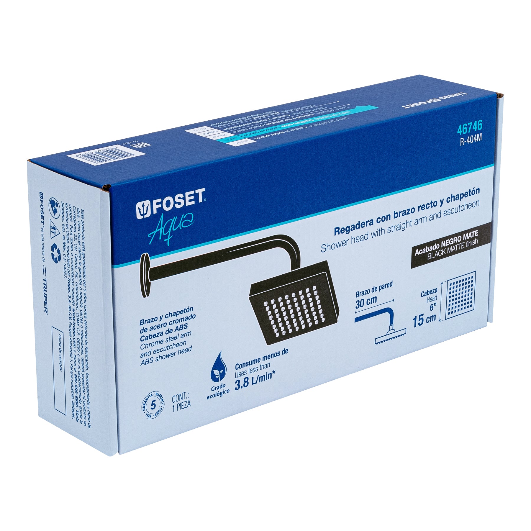 Regadera cuadrada ABS 6" acabado negro mate con brazo, Foset