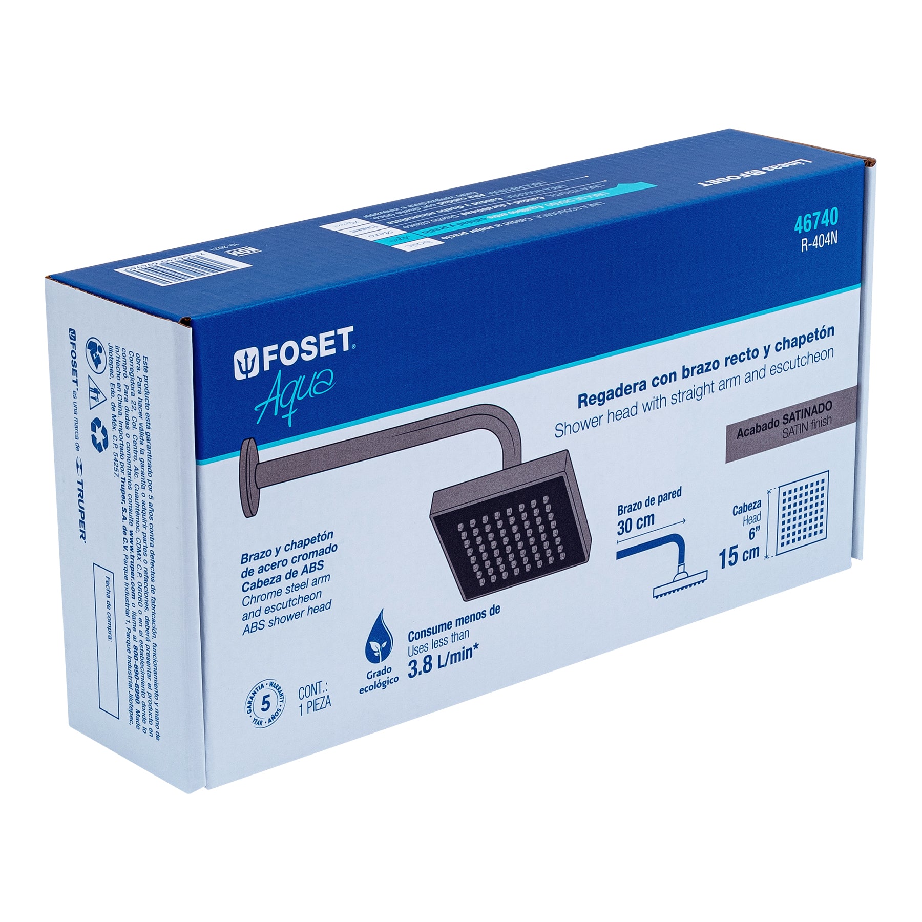 Regadera cuadrada ABS 6" acabado satín con brazo, Foset