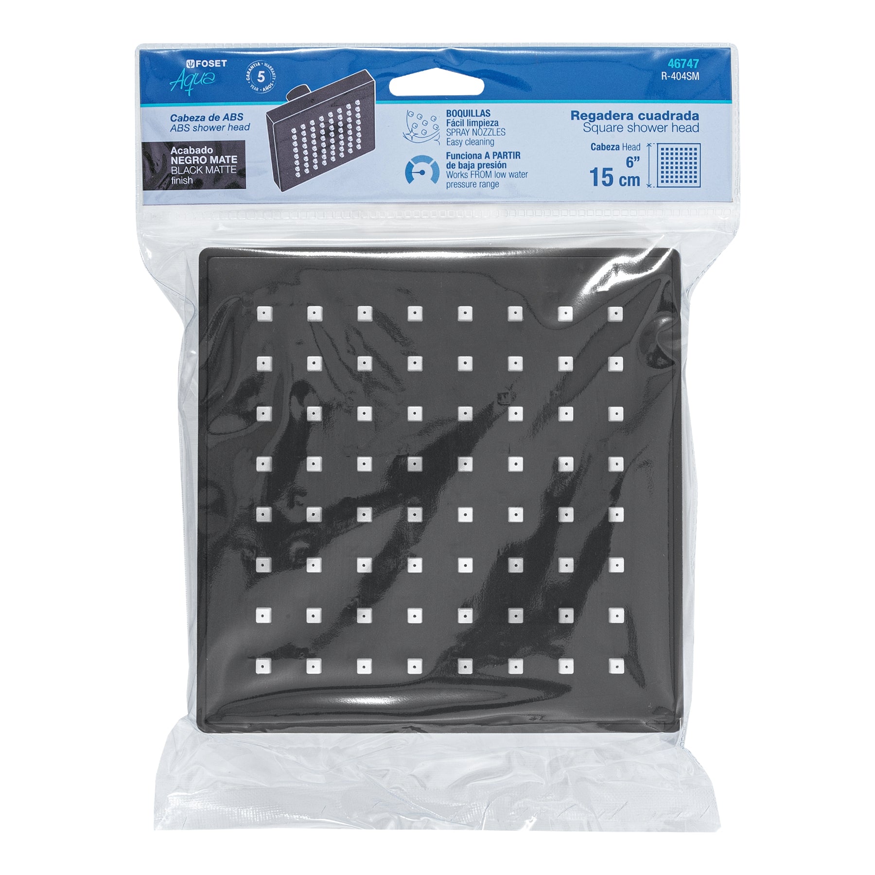 Regadera cuadrada ABS 6" acabado negro mate sin brazo, Foset