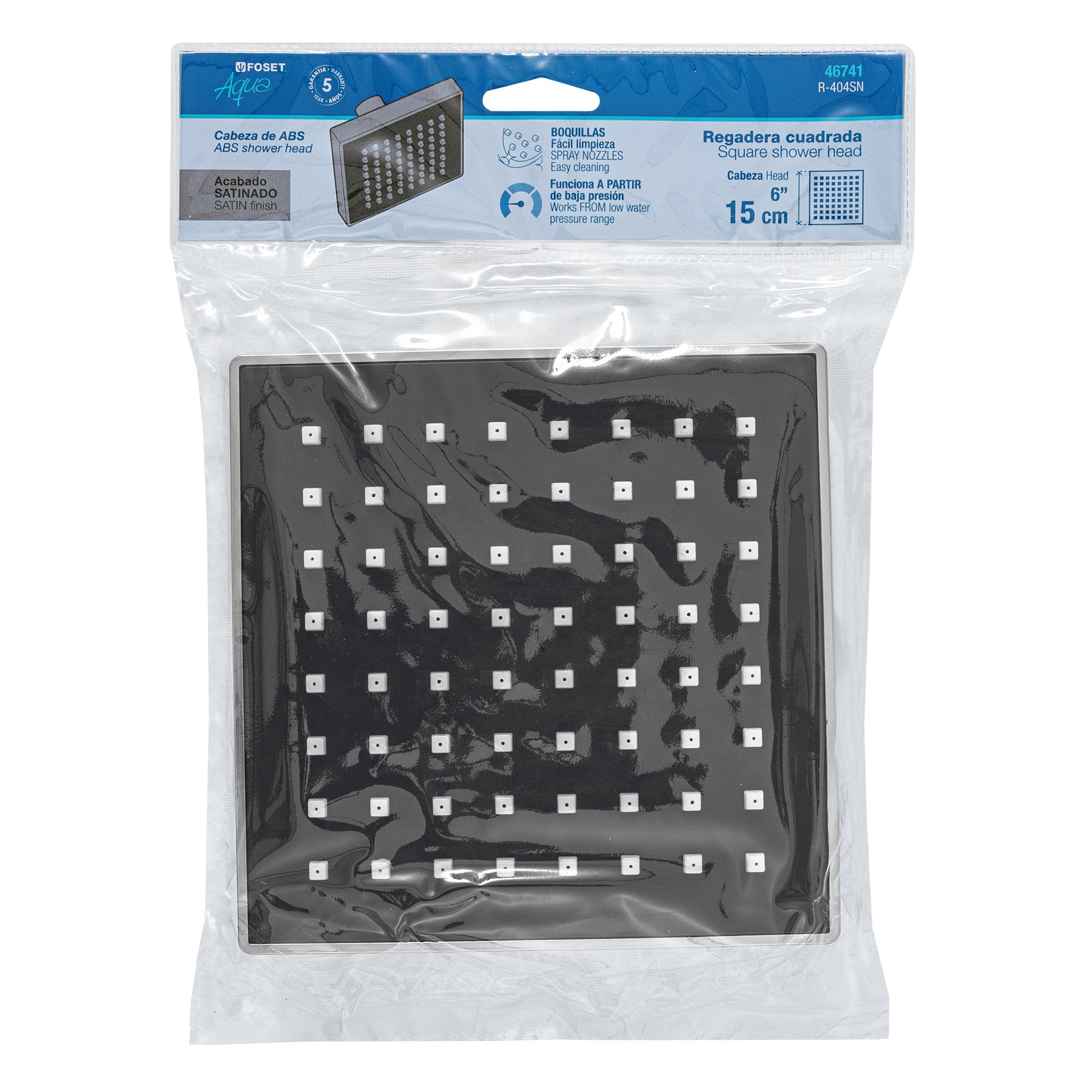Regadera cuadrada ABS 6" acabado satín sin brazo, Foset