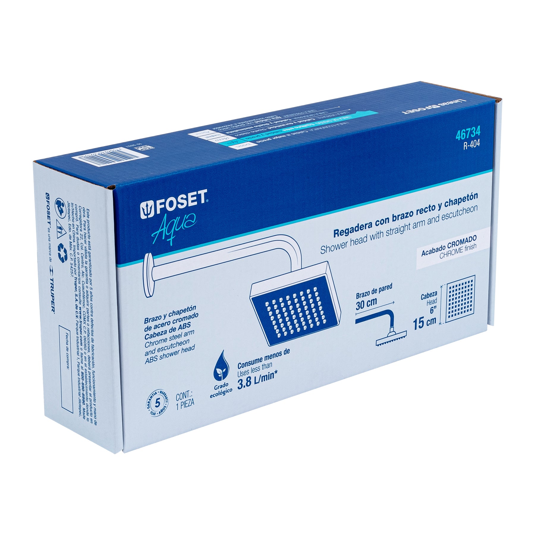 Regadera cuadrada ABS 6" acabado cromo con brazo, Foset