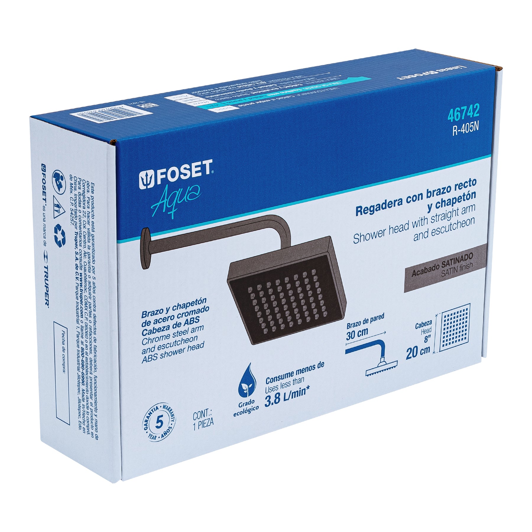 Regadera cuadrada ABS 8" acabado satín con brazo, Foset