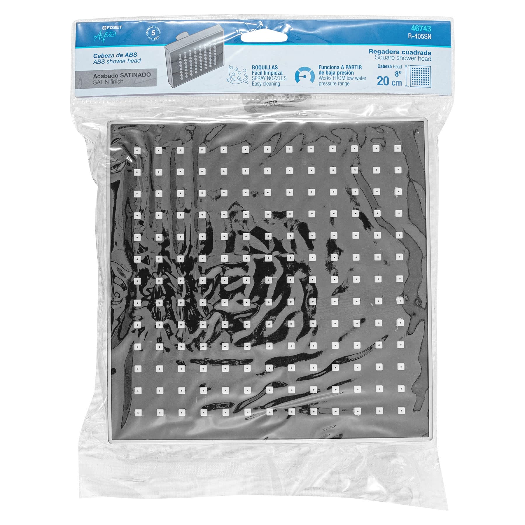 Regadera cuadrada ABS 8" acabado satín sin brazo, Foset