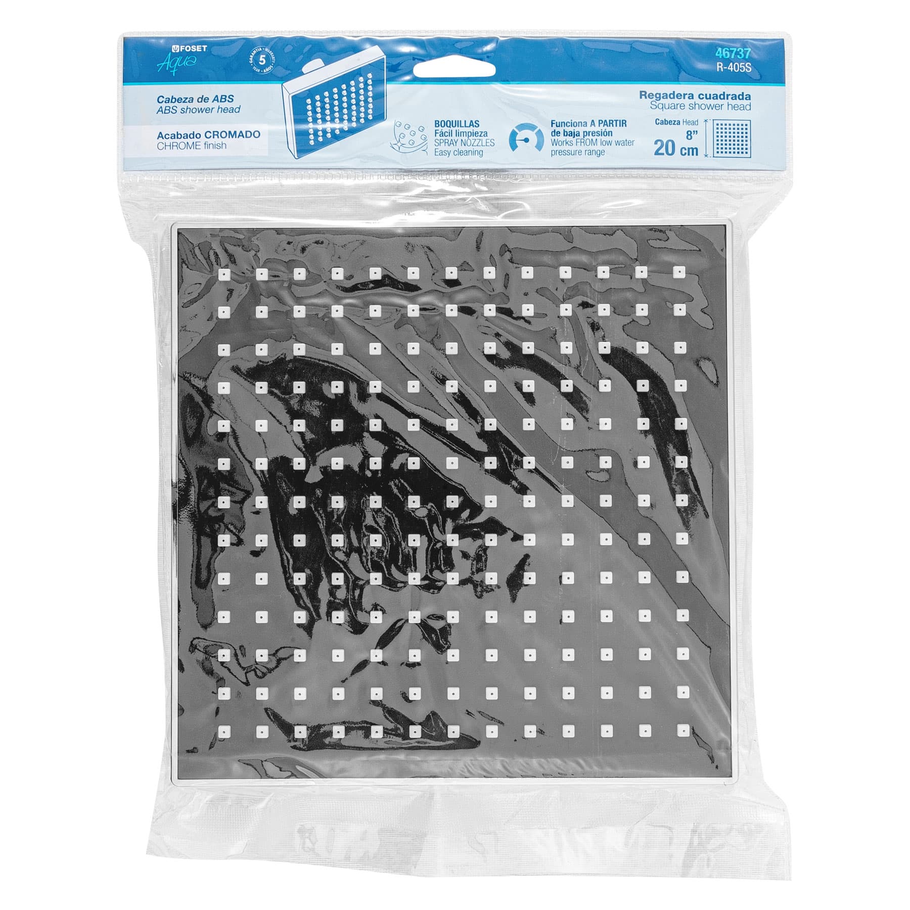 Regadera cuadrada ABS 8" acabado cromo sin brazo, Foset