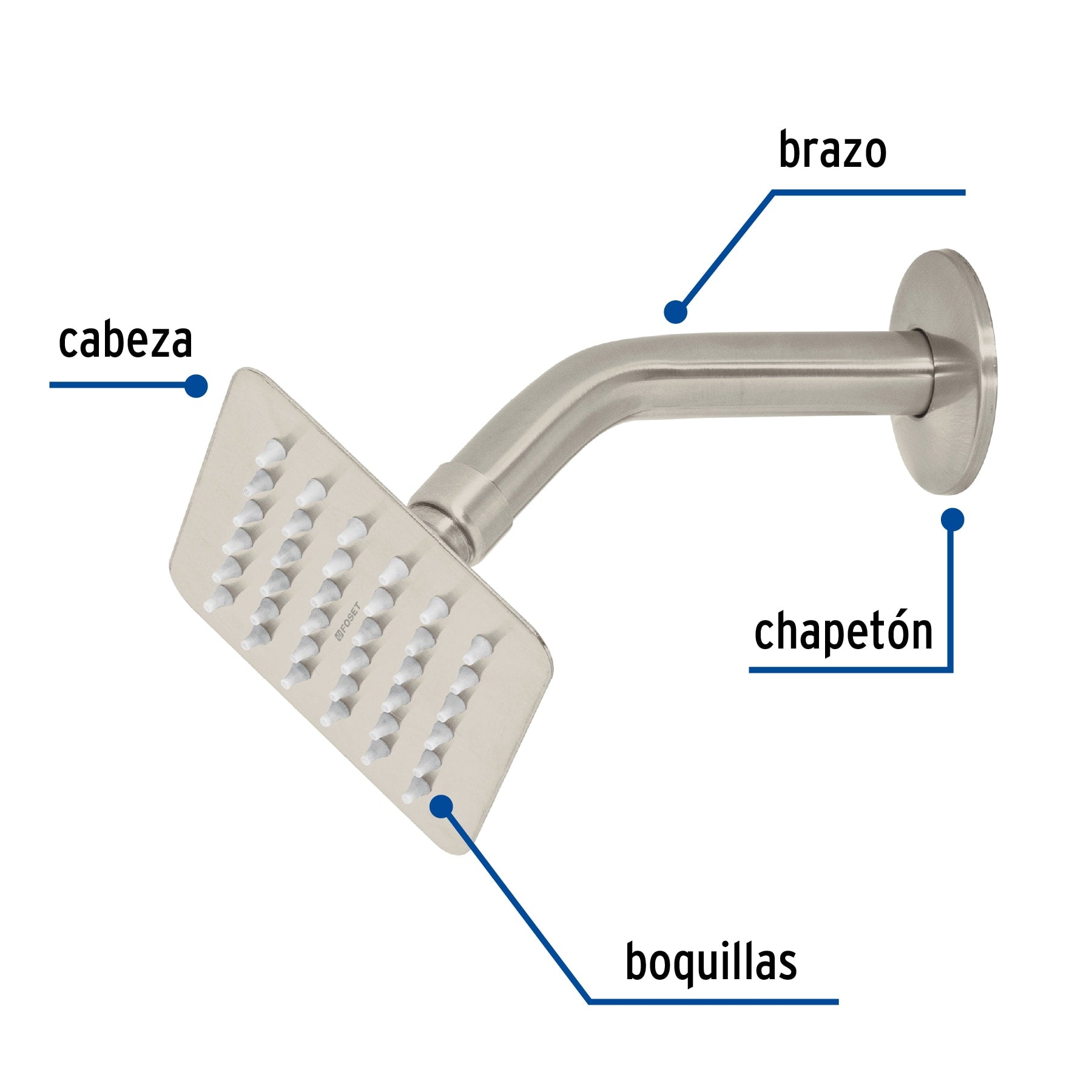 Regadera cuadrada 4", acero inoxidable con brazo, satín, Túbig