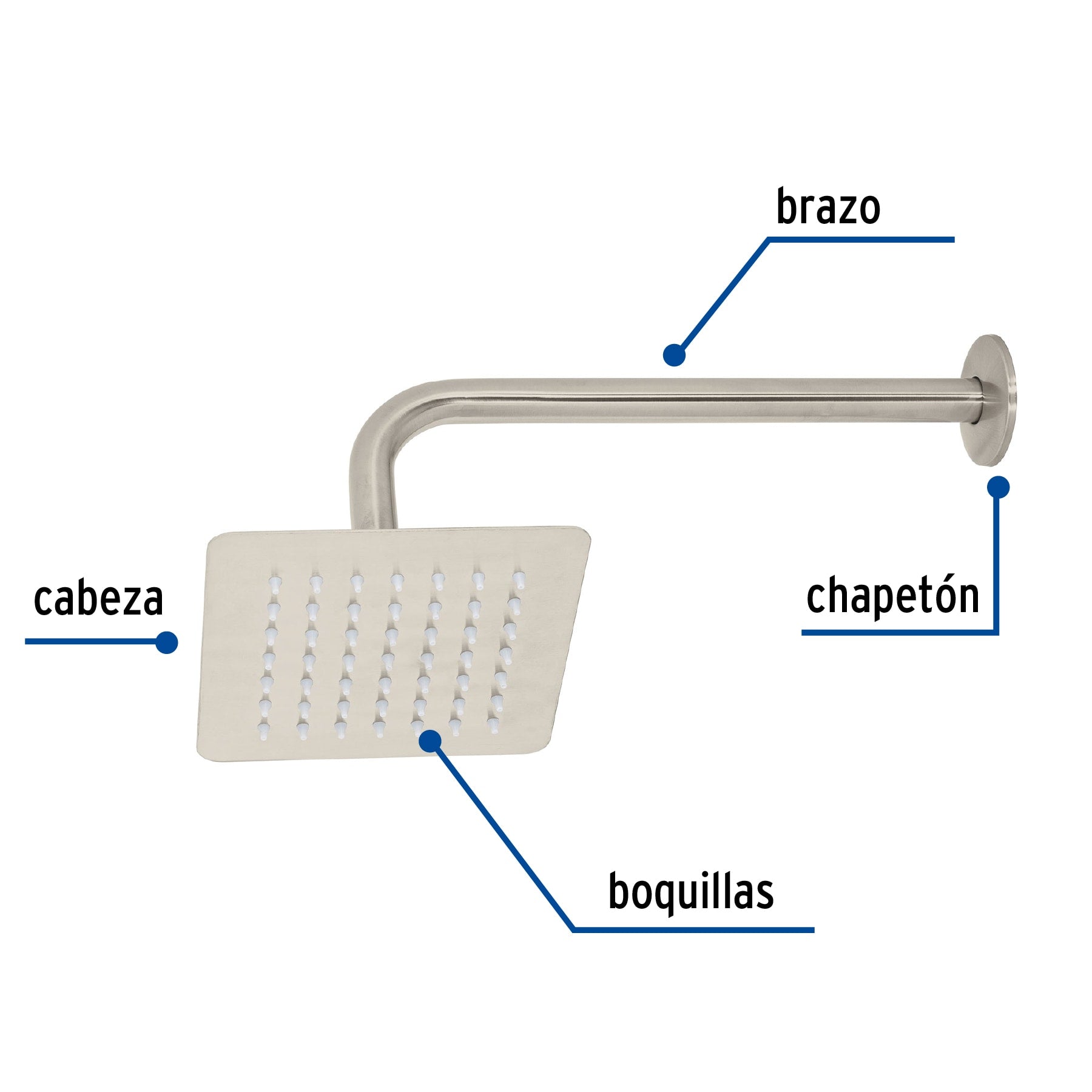 Regadera cuadrada 6", acero inoxidable con brazo, satín, Túbig
