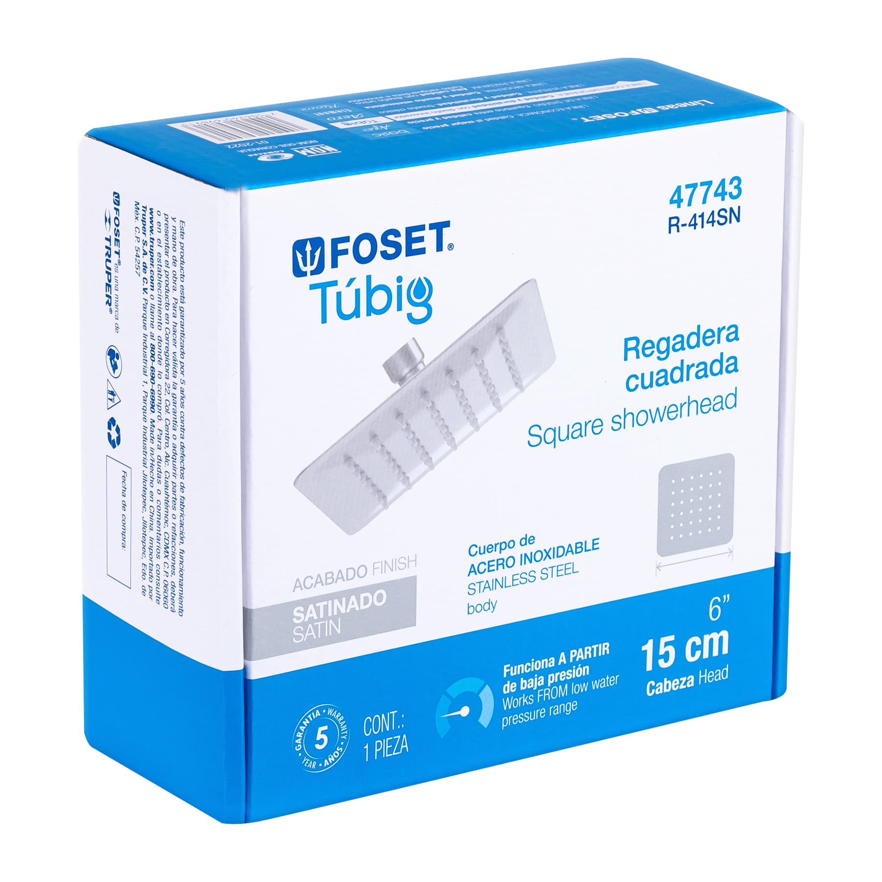 Regadera cuadrada 6", acero inoxidable sin brazo, satín, Túbig
