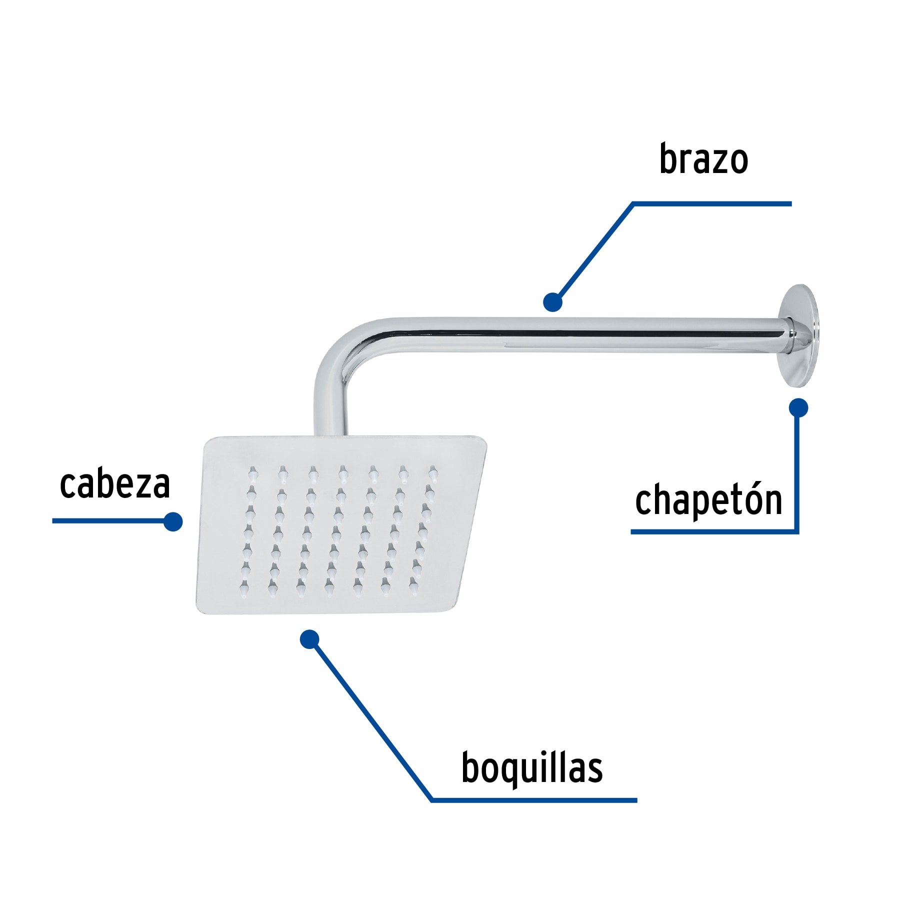 Regadera cuadrada 6", acero inoxidable con brazo, cromo, Túbig