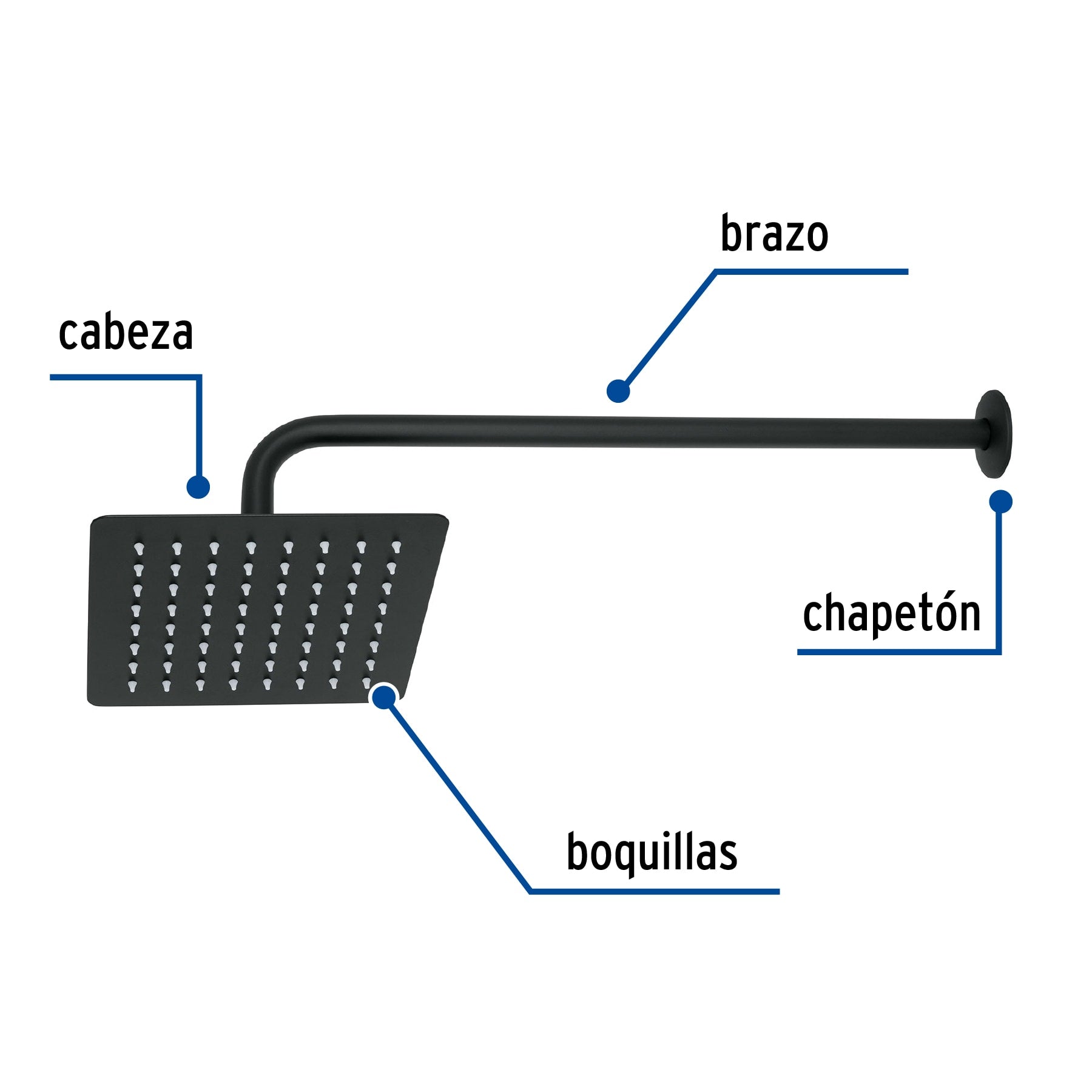Regadera cuadrada 8", acero inoxidable con brazo, negro, Túbig