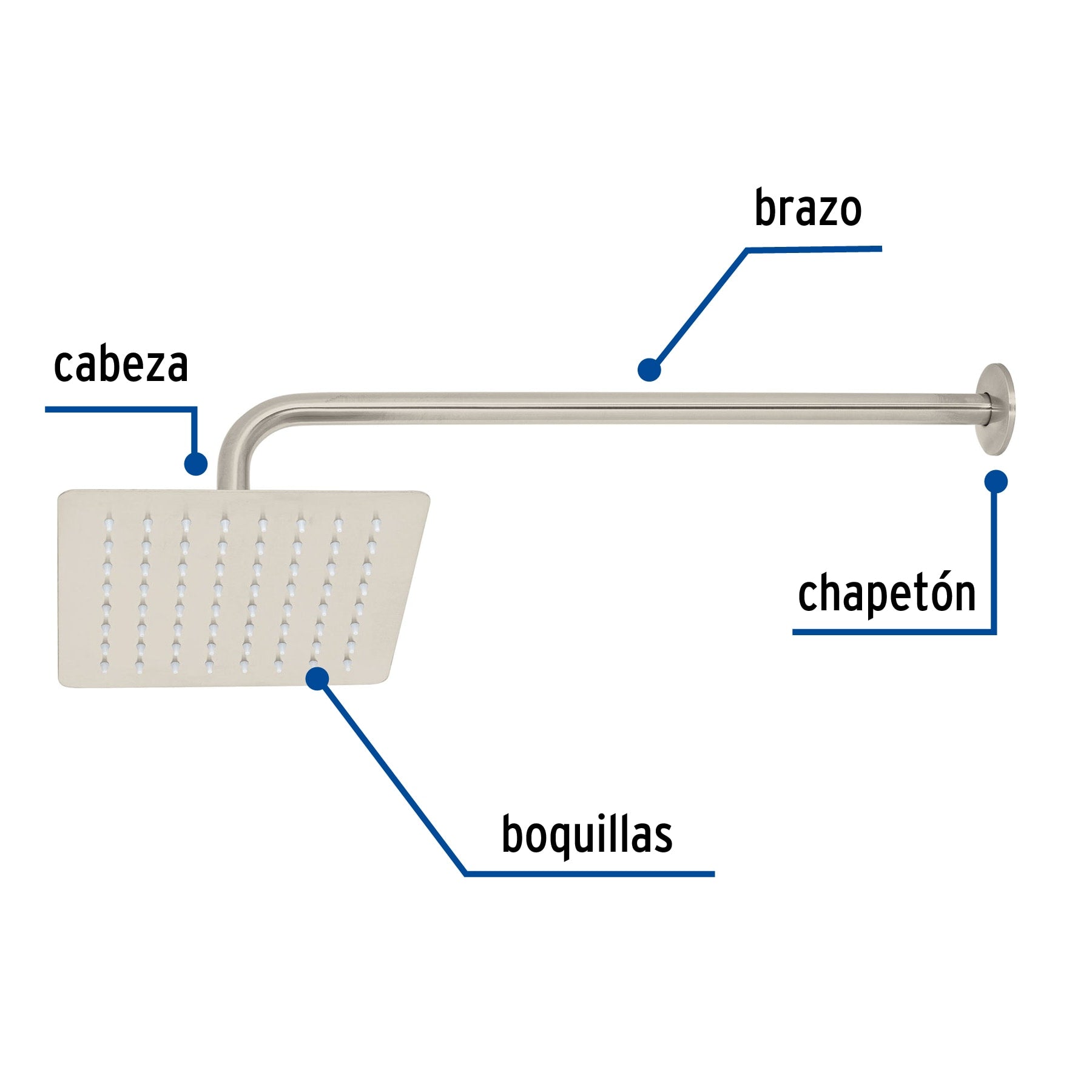 Regadera cuadrada 8", acero inoxidable con brazo, satín, Túbig