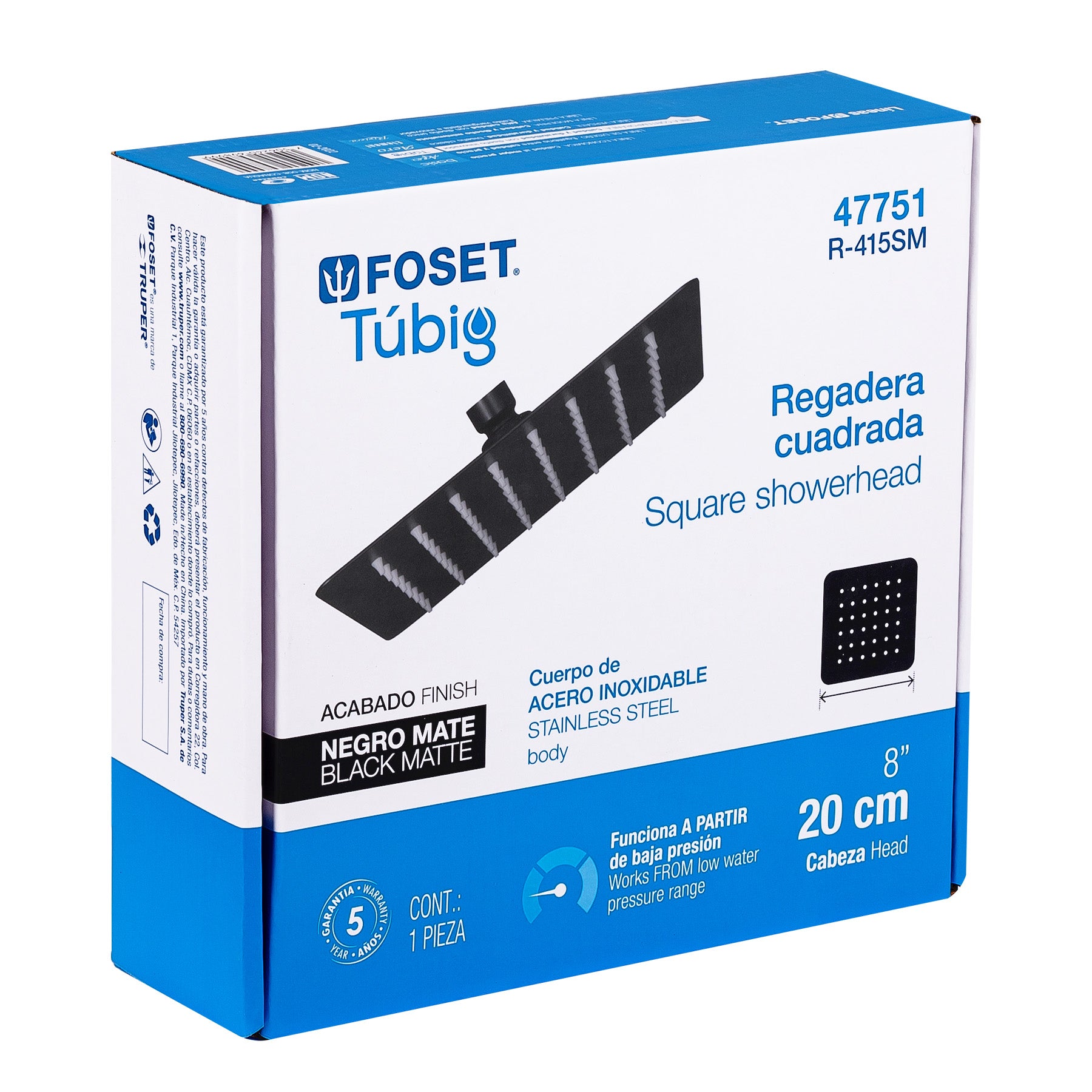Regadera cuadrada 8", acero inoxidable sin brazo, negro, Túbig