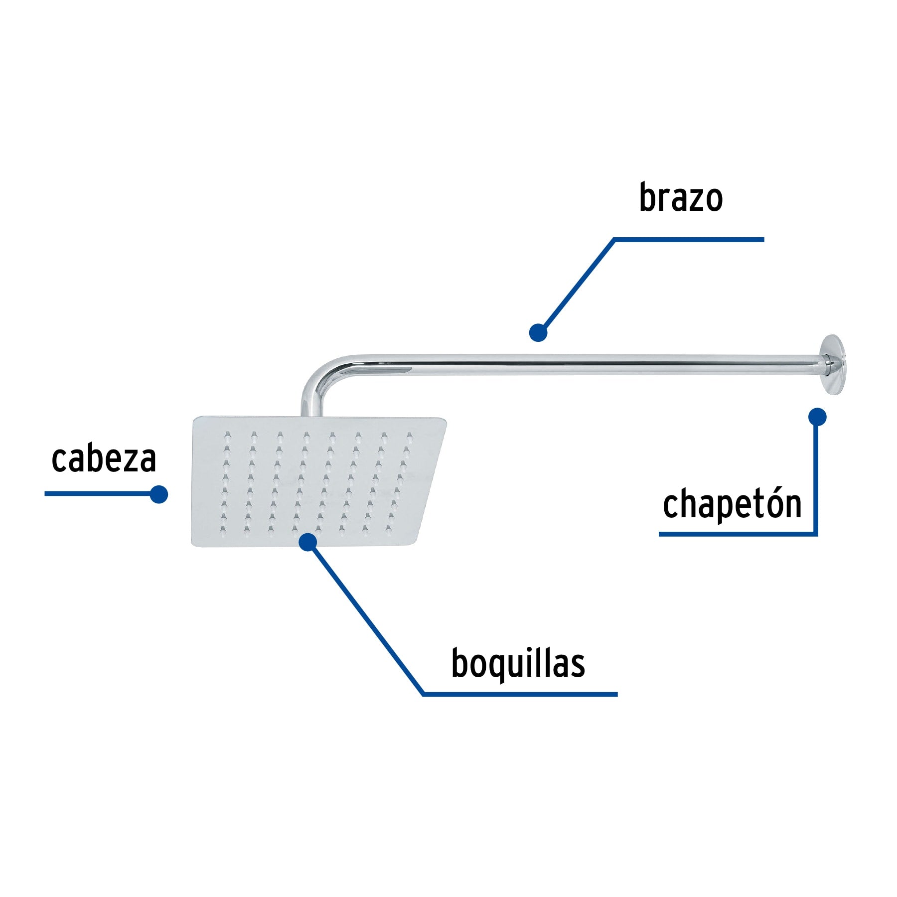 Regadera cuadrada 8", acero inoxidable con brazo, cromo, Túbig
