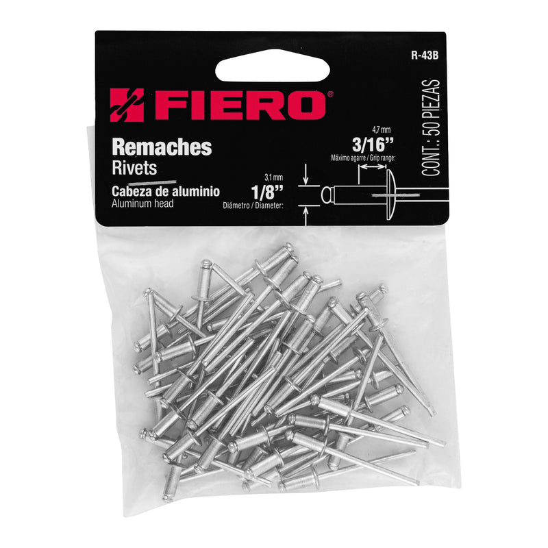 Bolsa con 50 remaches 1/8" x 3/16" de aluminio,  ala 1/4"