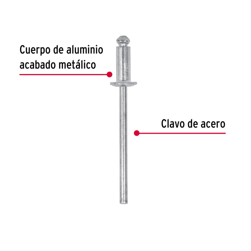 Bolsa con 50 remaches 1/8" x 3/16" de aluminio,  ala 1/4"