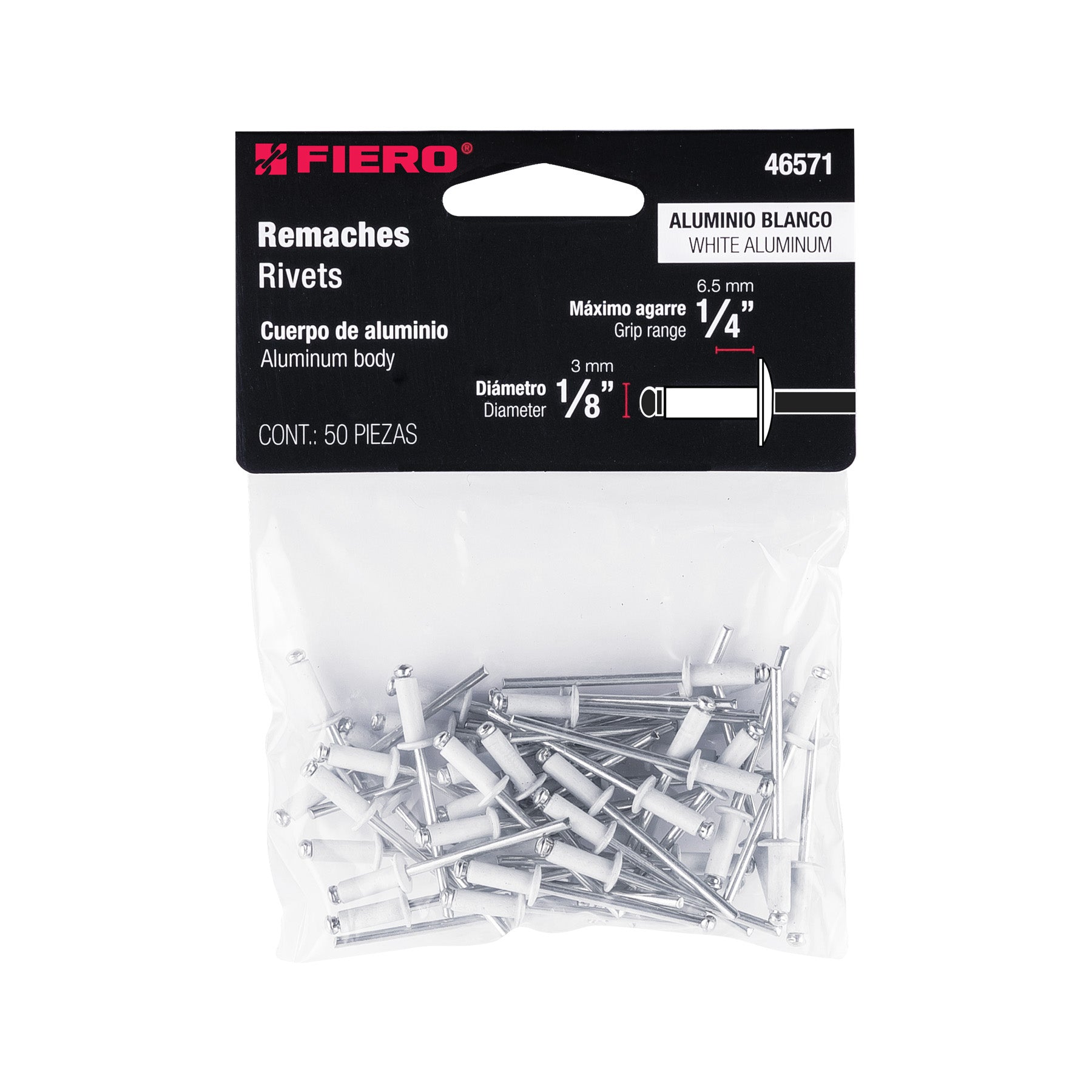 Bolsa con 50 remaches 1/8"x1/4" blancos de aluminio, ala 1/4"