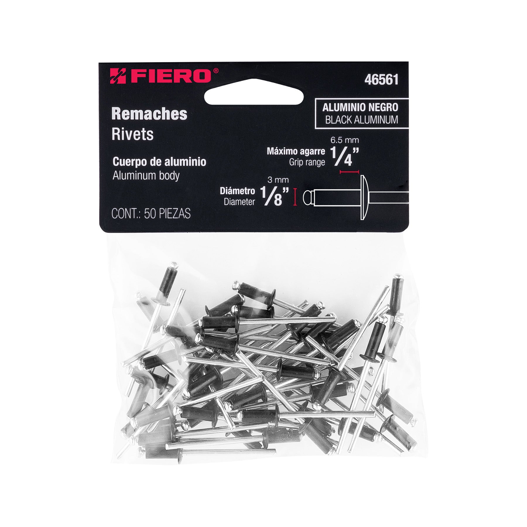 Bolsa con 50 remaches 1/8"x1/4" negros de aluminio, ala 1/4"