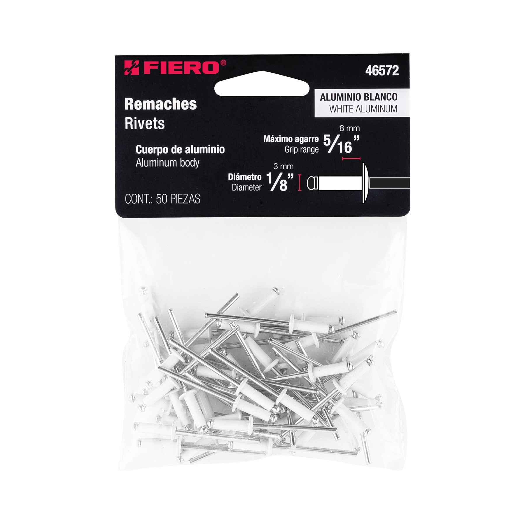 Bolsa con 50 remaches 1/8"x5/16" blancos de aluminio, ala 1/4"