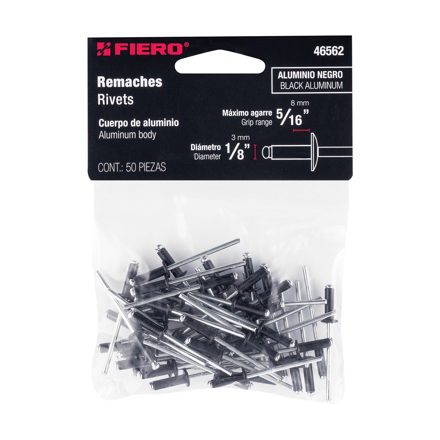 Bolsa con 50 remaches 1/8"x5/16" negros de aluminio, ala 1/4"