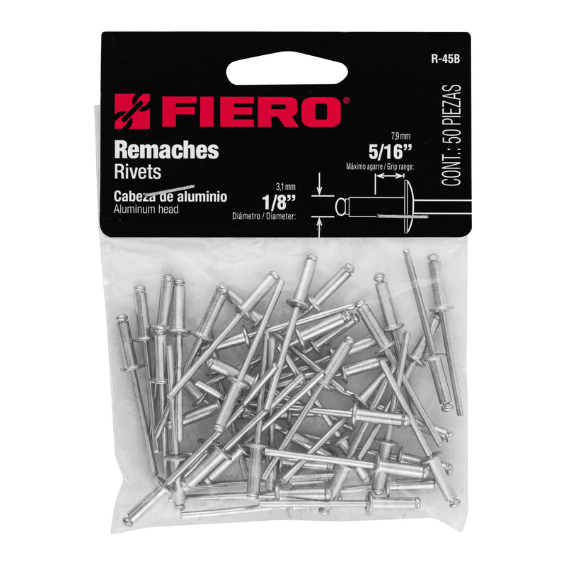 Bolsa con 50 remaches 1/8" x 5/16" de aluminio,  ala 1/4"